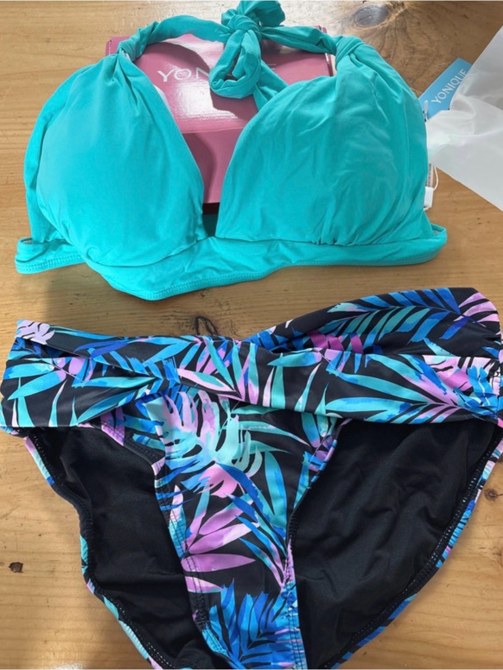 Younique Teal Halter Bikini Top with Black Tropical Print Bottoms
